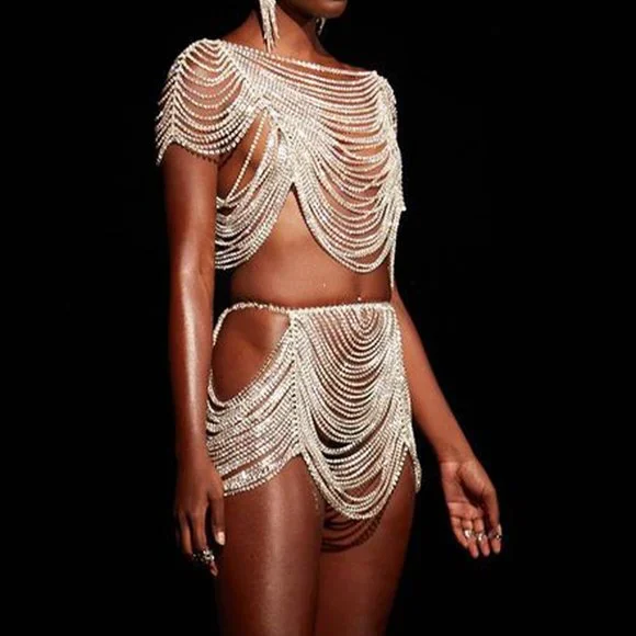 Rhinestone Lingerie Shoulder Chain Dress Bra for Women Set Bikini Jewelry Thong - Picture 2 of 10